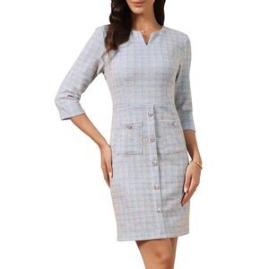 Women Tweed Dress  Vintage 3/4 Sleeve Wear to Work Sheath Dress Multicolor Blue
